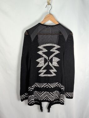 ONLY Aztec Geometric Fringe Cardigan Sweater Black Gray Open Front Boho Size S